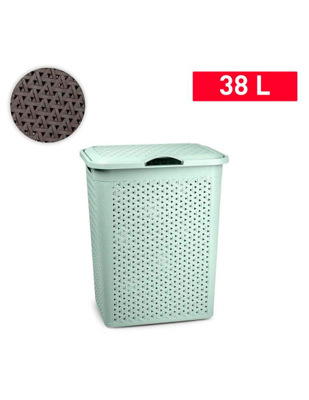 Tradineur - Cesto para ropa sucia con tapa y asas, pongotodo de plástico, cubo para colada, imitación de mimbre, fabricado en Es