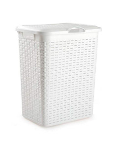 Tradineur - Cesto rattan para ropa sucia con tapa y asas, pongotodo de plástico, cubo para colada, imitación de mimbre, fabricad