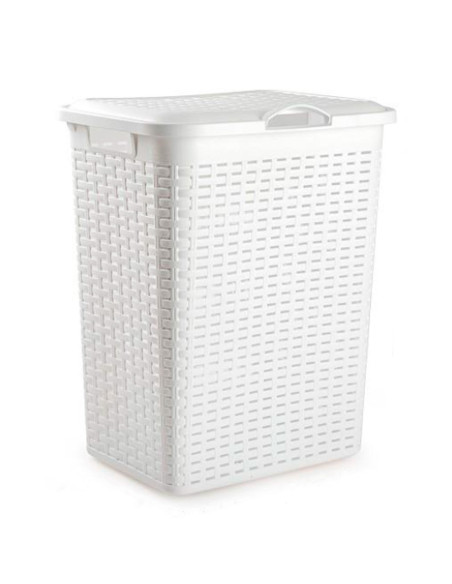 Tradineur - Cesto rattan para ropa sucia con tapa y asas, pongotodo de plástico, cubo para colada, imitación de mimbre, fabricad