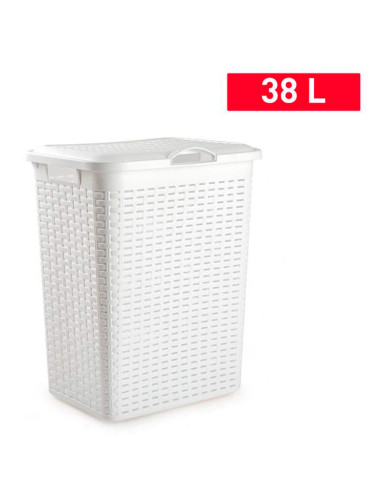 Tradineur - Cesto rattan para ropa sucia con tapa y asas, pongotodo de plástico, cubo para colada, imitación de mimbre, fabricad