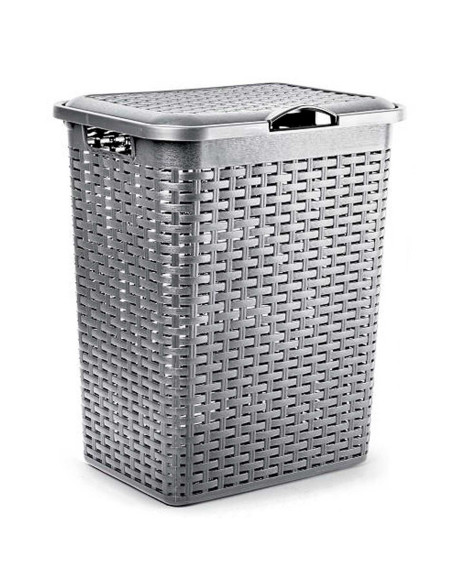 Tradineur - Cesto rattan para ropa sucia con tapa y asas, pongotodo de plástico, cubo para colada, imitación de mimbre, fabricad