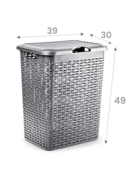 Tradineur - Cesto rattan para ropa sucia con tapa y asas, pongotodo de plástico, cubo para colada, imitación de mimbre, fabricad