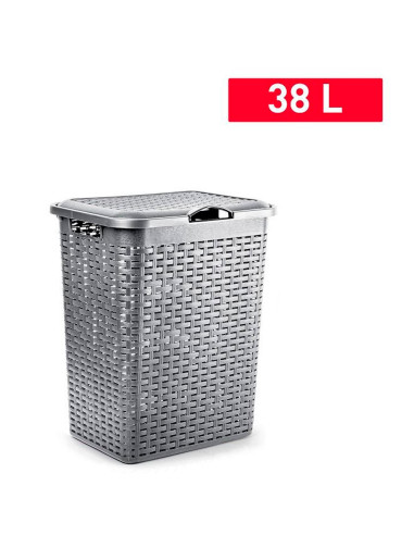 Tradineur - Cesto rattan para ropa sucia con tapa y asas, pongotodo de plástico, cubo para colada, imitación de mimbre, fabricad