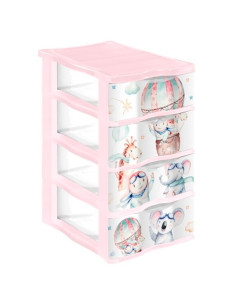 Tradineur - Cajonera de plástico, modelo Volar, 4 cajones transparentes, torre almacenaje, juguetes, dormitorio infantil, niños,