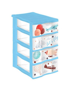 Tradineur - Cajonera de plástico, modelo Let's Fly, 4 cajones transparentes, torre almacenaje, juguetes, dormitorio infantil, n