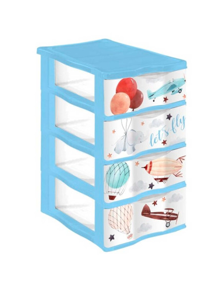 Tradineur - Cajonera de plástico, modelo Let's Fly, 4 cajones transparentes, torre almacenaje, juguetes, dormitorio infantil, n