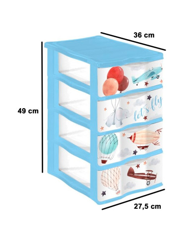 Tradineur - Cajonera de plástico, modelo Let's Fly, 4 cajones transparentes, torre almacenaje, juguetes, dormitorio infantil, n