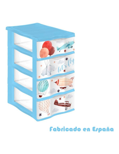 Tradineur - Cajonera de plástico, modelo Let's Fly, 4 cajones transparentes, torre almacenaje, juguetes, dormitorio infantil, n