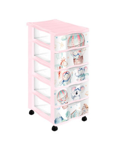 Tradineur - Cajonera de plástico con ruedas, modelo Volar, 5 cajones transparentes, torre almacenaje, juguetes, dormitorio infan