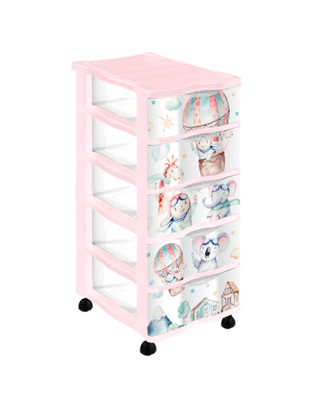 Tradineur - Cajonera de plástico con ruedas, modelo Volar, 5 cajones transparentes, torre almacenaje, juguetes, dormitorio infan