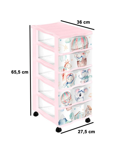 Tradineur - Cajonera de plástico con ruedas, modelo Volar, 5 cajones transparentes, torre almacenaje, juguetes, dormitorio infan