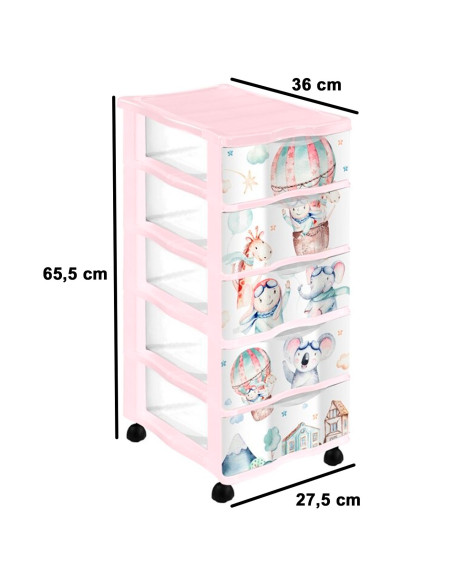 Tradineur - Cajonera de plástico con ruedas, modelo Volar, 5 cajones transparentes, torre almacenaje, juguetes, dormitorio infan