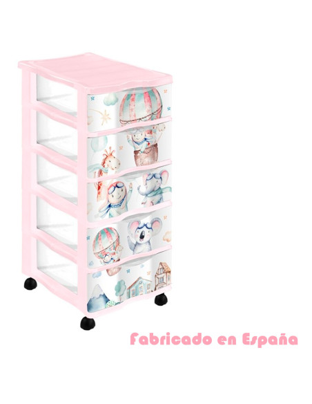 Tradineur - Cajonera de plástico con ruedas, modelo Volar, 5 cajones transparentes, torre almacenaje, juguetes, dormitorio infan