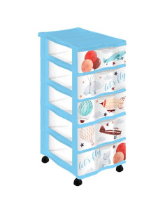 Tradineur - Cajonera de plástico con ruedas, modelo Let's Fly, 5 cajones transparentes, torre almacenaje, juguetes, dormitorio