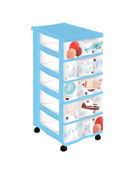 Tradineur - Cajonera de plástico con ruedas, modelo Let's Fly, 5 cajones transparentes, torre almacenaje, juguetes, dormitorio
