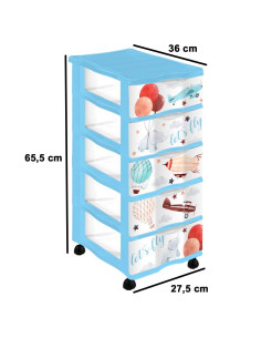 Tradineur - Cajonera de plástico con ruedas, modelo Let's Fly, 5 cajones transparentes, torre almacenaje, juguetes, dormitorio 2