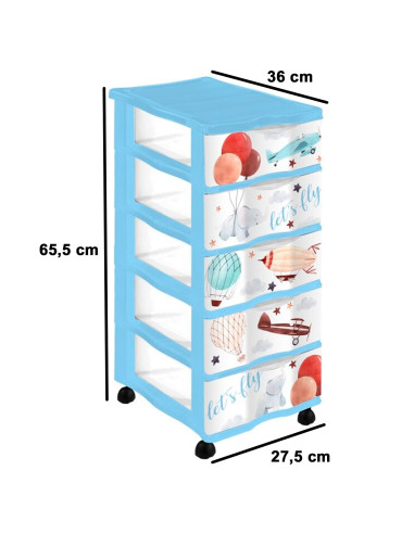 Tradineur - Cajonera de plástico con ruedas, modelo Let's Fly, 5 cajones transparentes, torre almacenaje, juguetes, dormitorio