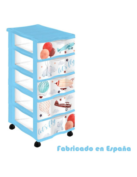 Tradineur - Cajonera de plástico con ruedas, modelo Let's Fly, 5 cajones transparentes, torre almacenaje, juguetes, dormitorio