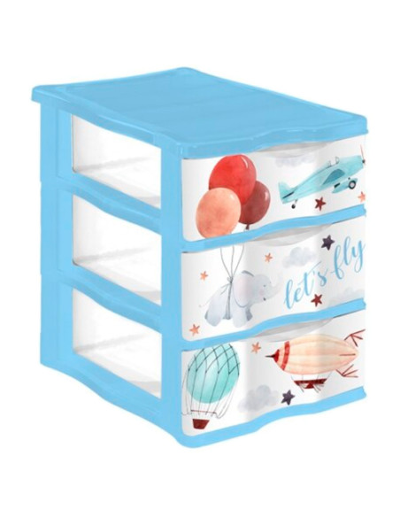 Tradineur - Cajonera de plástico, modelo Let's Fly, 3 cajones transparentes, torre almacenaje, juguetes, dormitorio infantil, n
