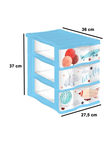Tradineur - Cajonera de plástico, modelo Let's Fly, 3 cajones transparentes, torre almacenaje, juguetes, dormitorio infantil, n