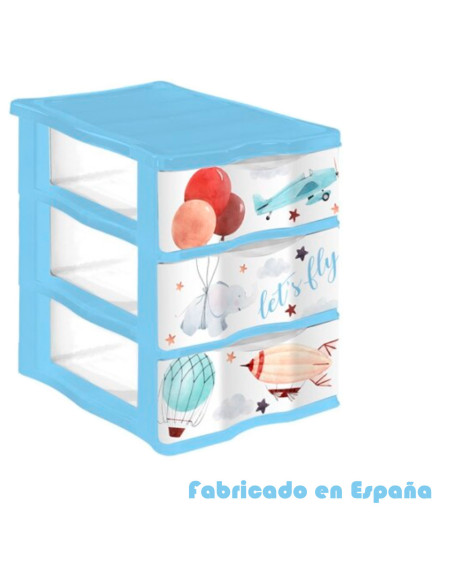 Tradineur - Cajonera de plástico, modelo Let's Fly, 3 cajones transparentes, torre almacenaje, juguetes, dormitorio infantil, n