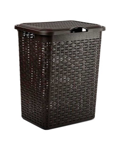 Tradineur - Cesto rattan para ropa sucia con tapa y asas, pongotodo de plástico, cubo para colada, imitación de mimbre, fabricad