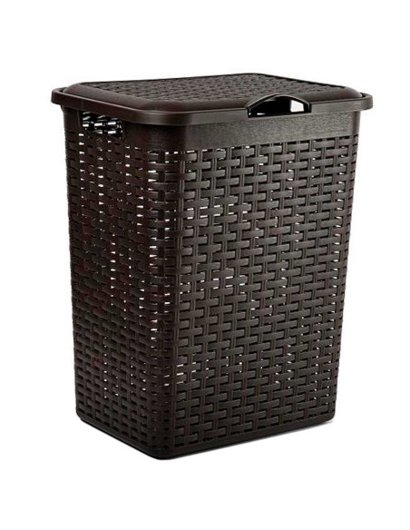 Tradineur - Cesto rattan para ropa sucia con tapa y asas, pongotodo de plástico, cubo para colada, imitación de mimbre, fabricad