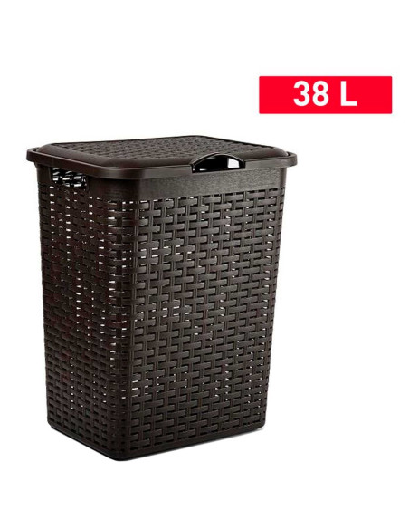 Tradineur - Cesto rattan para ropa sucia con tapa y asas, pongotodo de plástico, cubo para colada, imitación de mimbre, fabricad