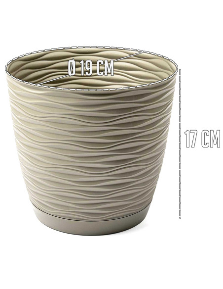 Tradineur - Maceta redonda con plato - Diseño Wind (Ø 19 cm) - Fabricado en plástico - Ideal para jardín exterior, terraza o bal