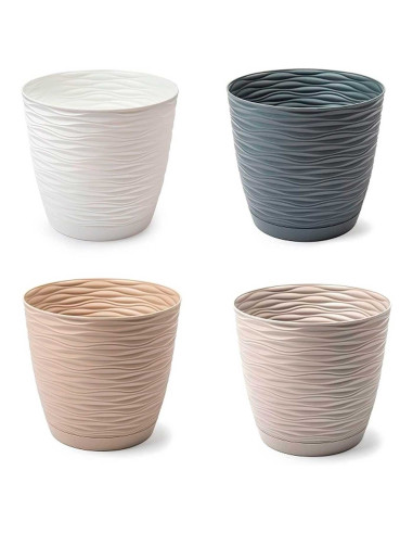 Tradineur - Maceta redonda con plato - Diseño Wind (Ø 19 cm) - Fabricado en plástico - Ideal para jardín exterior, terraza o bal