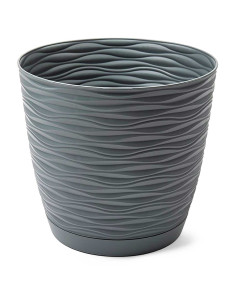 Tradineur - Maceta redonda con plato - Diseño Wind (Ø 23 cm) - Fabricado en plástico - Ideal para jardín exterior, terraza o bal