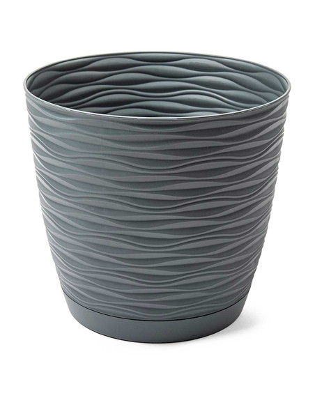 Tradineur - Maceta redonda con plato - Diseño Wind (Ø 23 cm) - Fabricado en plástico - Ideal para jardín exterior, terraza o bal