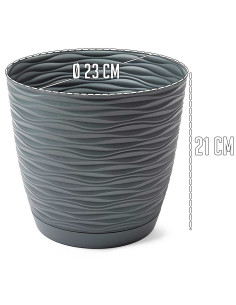 Tradineur - Maceta redonda con plato - Diseño Wind (Ø 23 cm) - Fabricado en plástico - Ideal para jardín exterior, terraza o bal 2