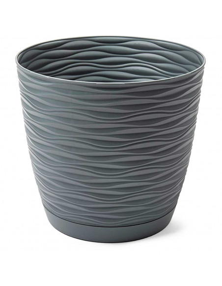 Tradineur - Maceta redonda con plato - Diseño Wind (Ø 27 cm) - Fabricado en plástico - Ideal para jardín exterior, terraza o bal