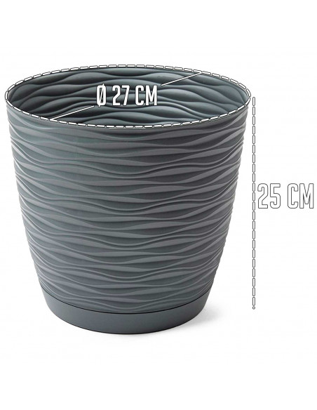 Tradineur - Maceta redonda con plato - Diseño Wind (Ø 27 cm) - Fabricado en plástico - Ideal para jardín exterior, terraza o bal