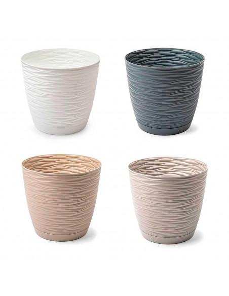 Tradineur - Maceta redonda con plato - Diseño Wind (Ø 27 cm) - Fabricado en plástico - Ideal para jardín exterior, terraza o bal