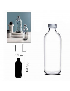 Tradineur - Botella de vidrio con tapón cromado PSB, agua fría o caliente, bebidas, té helado, limonada, frigorífico, camping (1 2