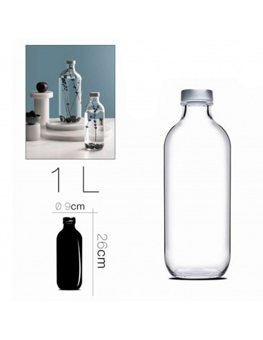 Tradineur - Botella de vidrio con tapón cromado PSB, agua fría o caliente, bebidas, té helado, limonada, frigorífico, camping (1