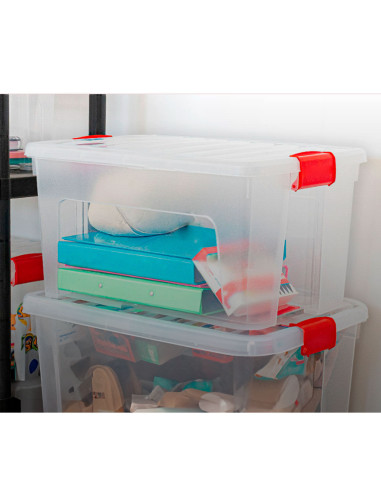 Tradineur - Caja de Almacenamiento Transparente KLIP de 25 Litros - Fabricado en Plástico - Cierre Hermético y Seguro - 34,5 x 4