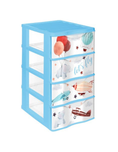 Tradineur - Cajonera de plástico, modelo Wagon Let's Fly, 4 cajones transparentes, torre almacenaje, juguetes, dormitorio infan