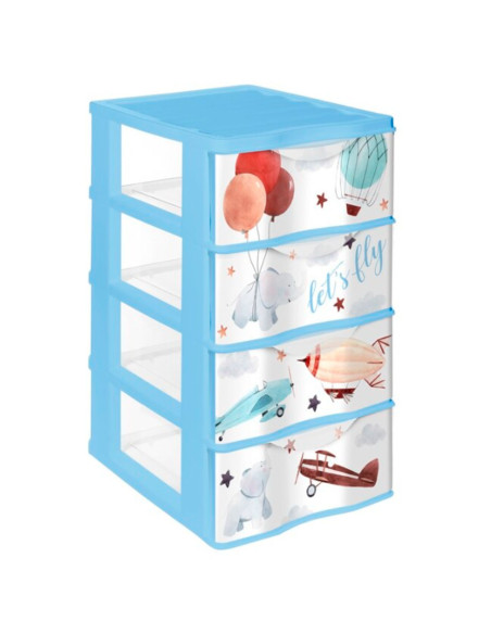 Tradineur - Cajonera de plástico, modelo Wagon Let's Fly, 4 cajones transparentes, torre almacenaje, juguetes, dormitorio infan