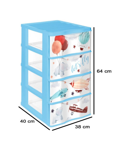 Tradineur - Cajonera de plástico, modelo Wagon Let's Fly, 4 cajones transparentes, torre almacenaje, juguetes, dormitorio infan