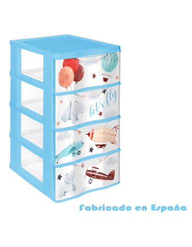 Tradineur - Cajonera de plástico, modelo Wagon Let's Fly, 4 cajones transparentes, torre almacenaje, juguetes, dormitorio infan