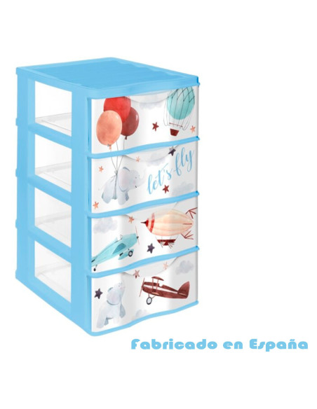 Tradineur - Cajonera de plástico, modelo Wagon Let's Fly, 4 cajones transparentes, torre almacenaje, juguetes, dormitorio infan