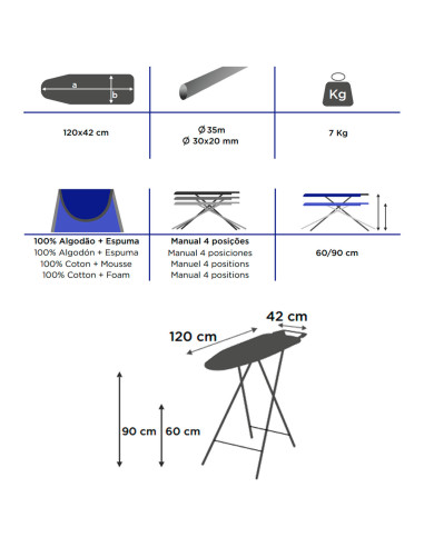 Tradineur - Tabla de Planchar Plegable - Fabricada en Madera - Soporte para plancha y patas metálicas antideslizantes - 42 x 120