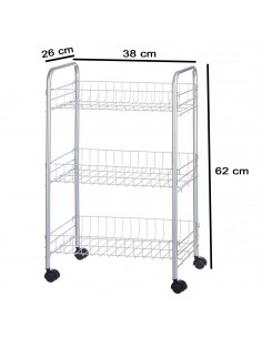 Tradineur - Carrito verdulero de cocina metálico con ruedas, 3 niveles, estantería para almacenamiento de frutas, verduras (Gris 2