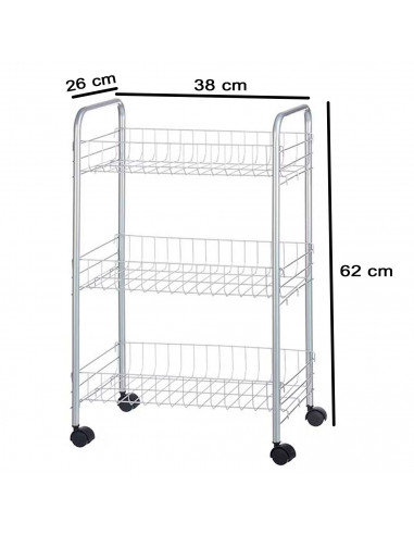 Tradineur - Carrito verdulero de cocina metálico con ruedas, 3 niveles, estantería para almacenamiento de frutas, verduras (Gris