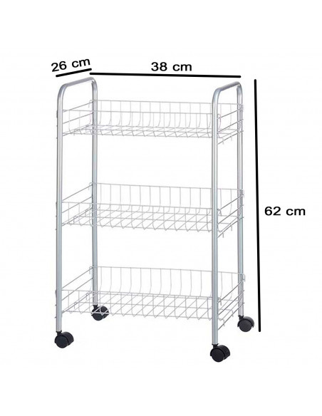 Tradineur - Carrito verdulero de cocina metálico con ruedas, 3 niveles, estantería para almacenamiento de frutas, verduras (Gris