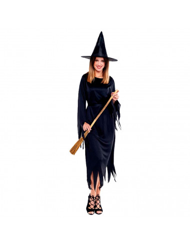 Tradineur - Disfraz de Bruja Negra para Adultos - Fabricado en Poliéster - Incluye Sombrero, Vestido y Cinturón - Ideal para dis