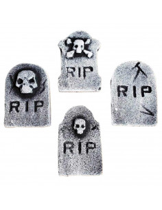 Tradineur - Pack de 4 Lápidas RIP para Halloween - Decoración de temporada - Adornos para Halloween - 11,5 x 7,5 cm - Modelos Al 2
